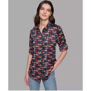 Karl Lagerfeld Paris Women’s Logo Multicolor Print Shirt Blouse Size3X,new